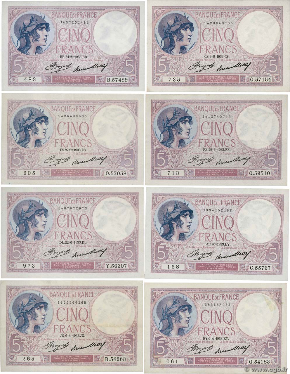 5 Francs FEMME CASQUÉE Lot FRANCE  1933 F.03.17 XF