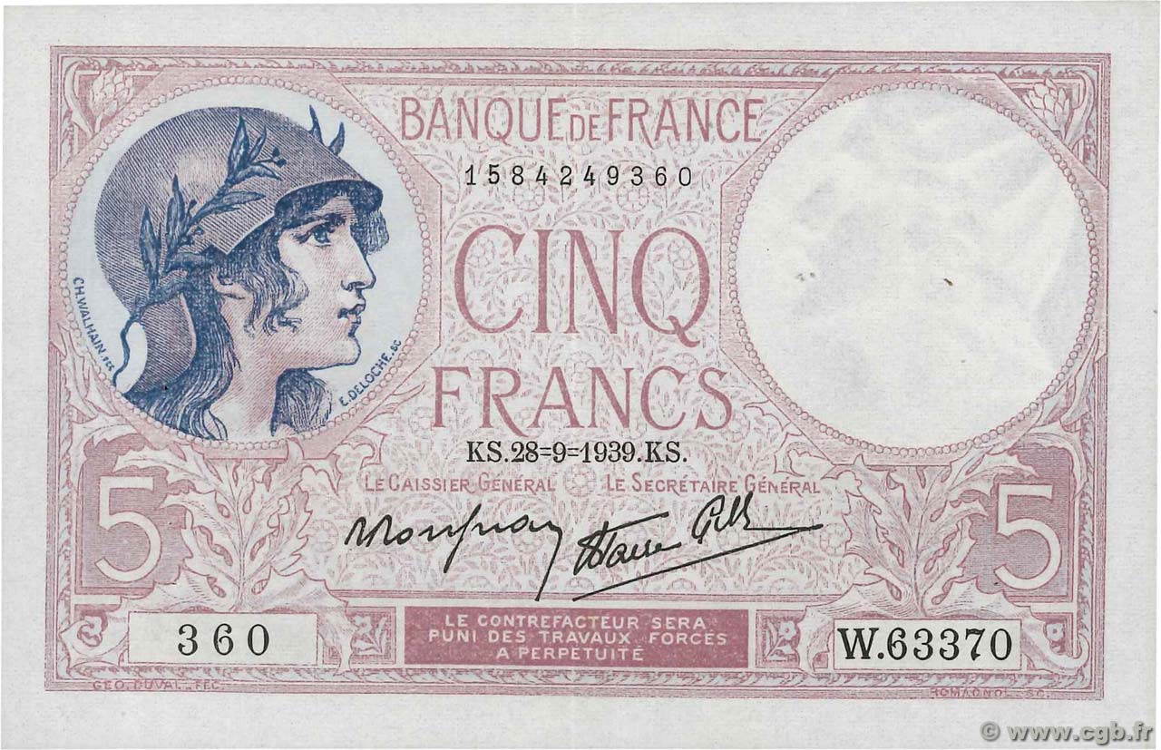 5 Francs FEMME CASQUÉE modifié FRANCIA  1939 F.04.10 SPL+