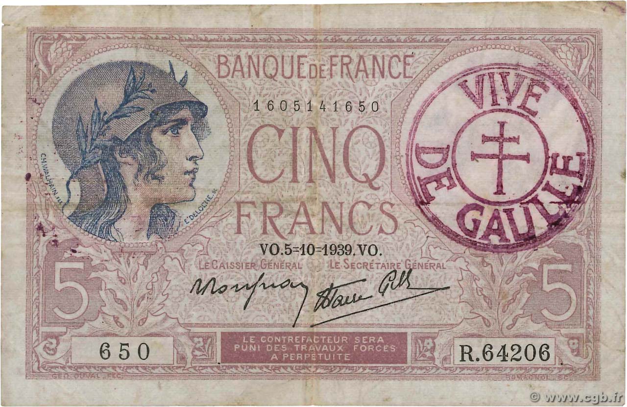 5 Francs FEMME CASQUÉE modifié FRANCIA  1939 F.04.11 BC