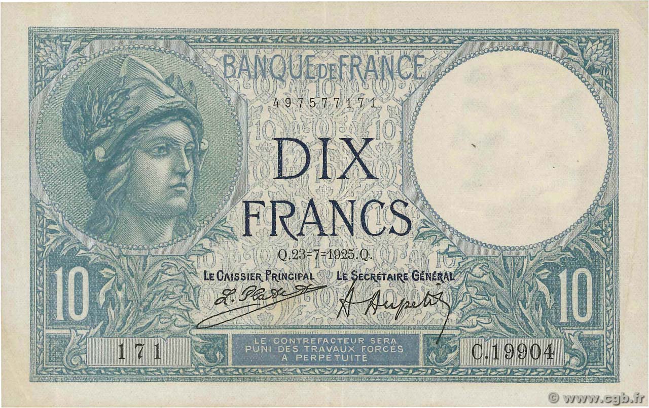 10 Francs MINERVE FRANCE  1925 F.06.09 XF-