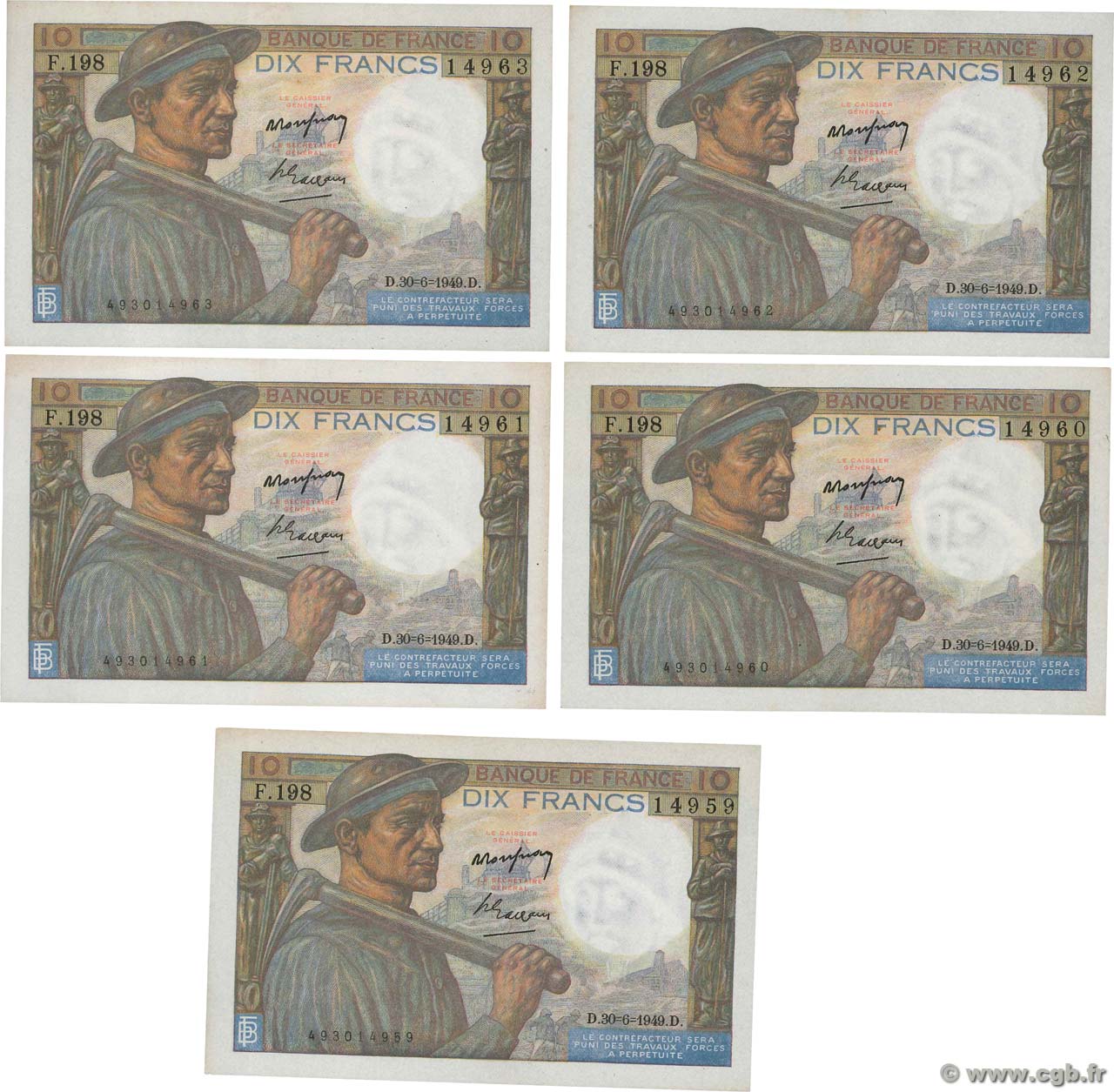 10 Francs MINEUR Consécutifs FRANCE  1949 F.08.22 pr.SPL