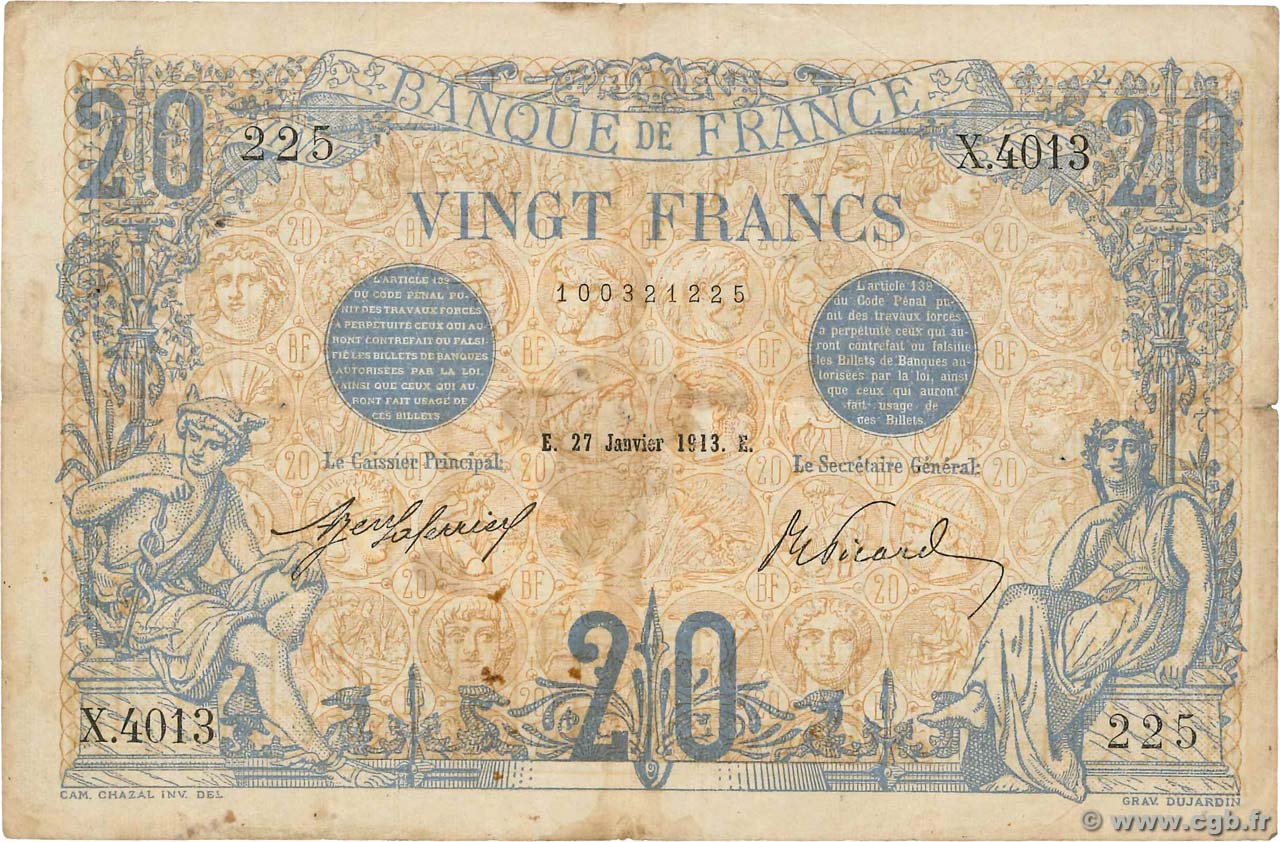20 Francs BLEU FRANCE  1913 F.10.03 B+