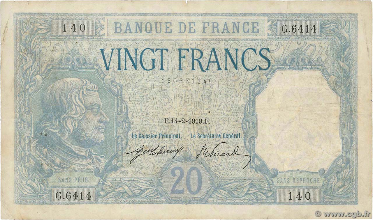 20 Francs BAYARD FRANCE  1919 F.11.04 VG
