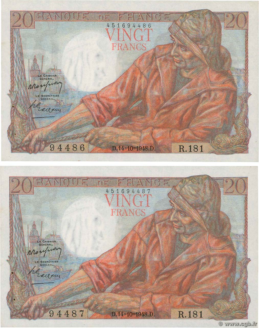 20 Francs PÊCHEUR Consécutifs FRANCIA  1948 F.13.13 AU