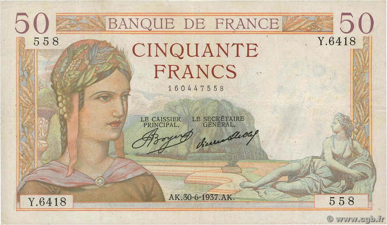 50 Francs CÉRÈS FRANCE  1937 F.17.40 pr.TTB