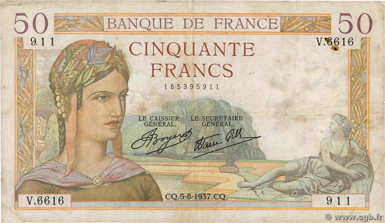 50 Francs CÉRÈS modifié FRANCE  1937 F.18.01 VG