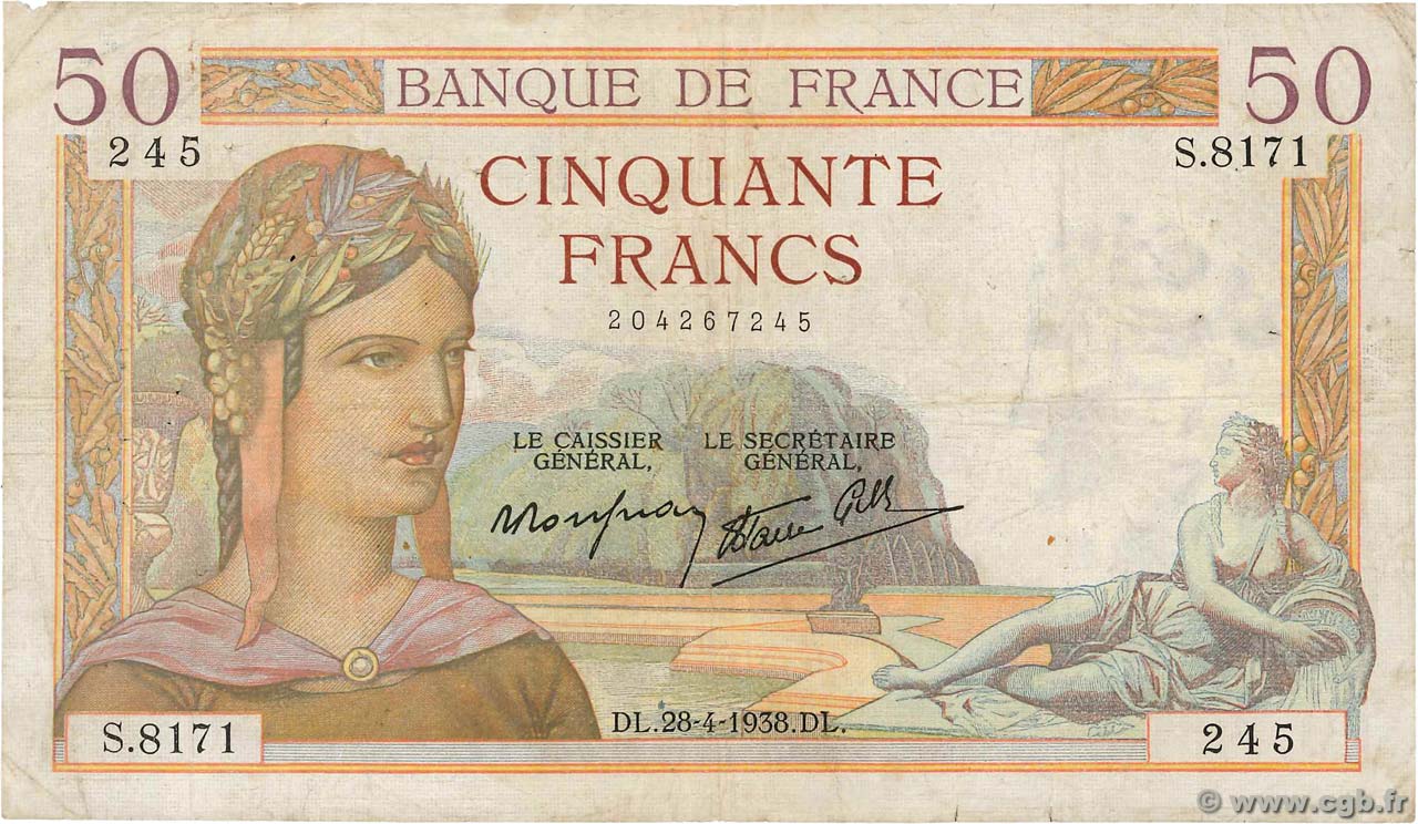 50 Francs CÉRÈS modifié FRANCE  1938 F.18.12 TB