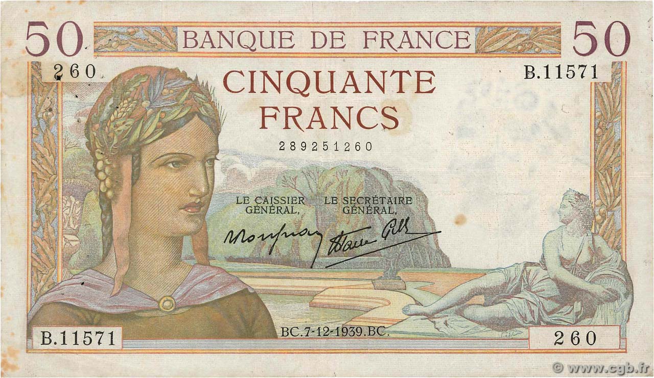 50 Francs CÉRÈS modifié FRANCE  1939 F.18.35 TB+