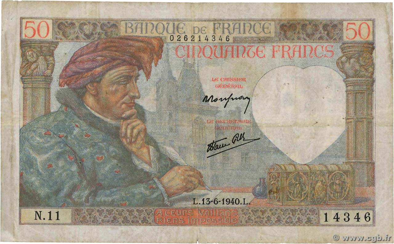 50 Francs JACQUES CŒUR FRANCIA  1940 F.19.01 RC+