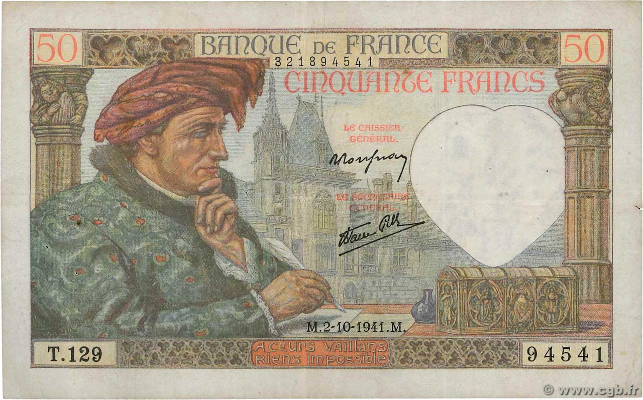 50 Francs JACQUES CŒUR FRANCE  1941 F.19.15 TB