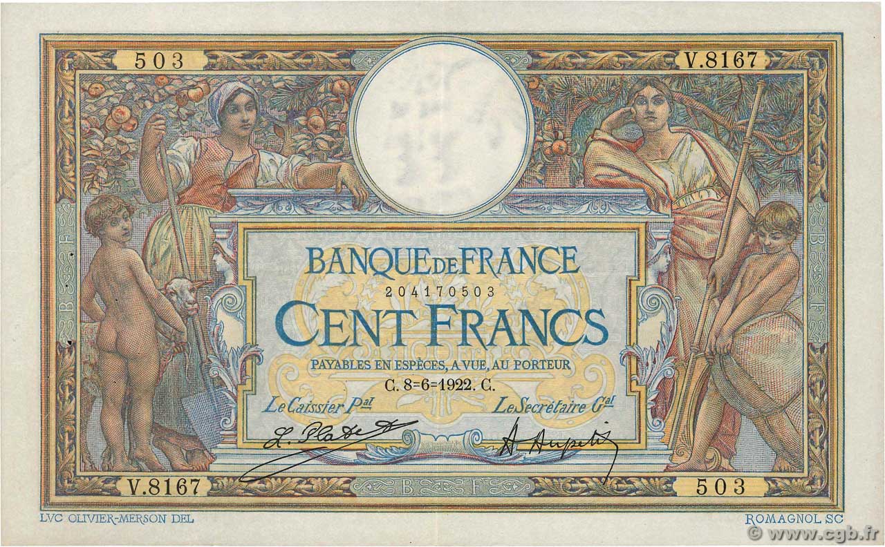 100 Francs LUC OLIVIER MERSON sans LOM FRANCE  1922 F.23.15 TTB