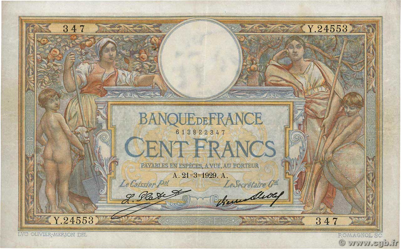 100 Francs LUC OLIVIER MERSON grands cartouches FRANCIA  1929 F.24.08 q.BB