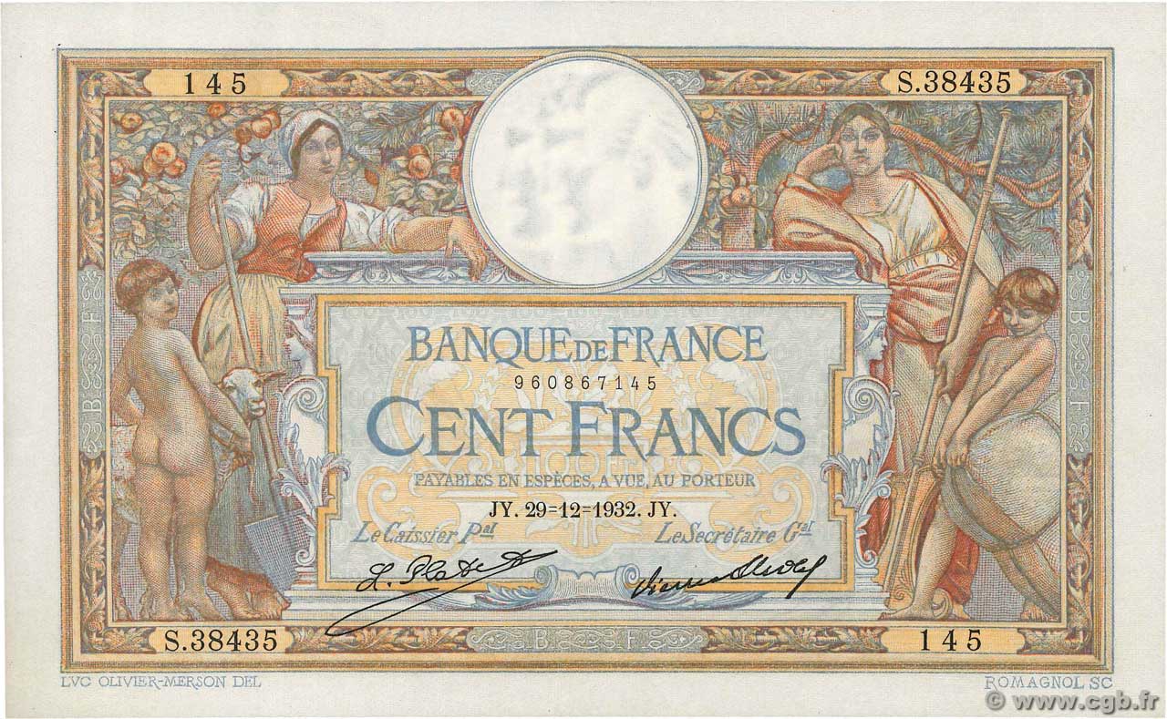 100 Francs LUC OLIVIER MERSON grands cartouches FRANKREICH  1932 F.24.11 VZ+