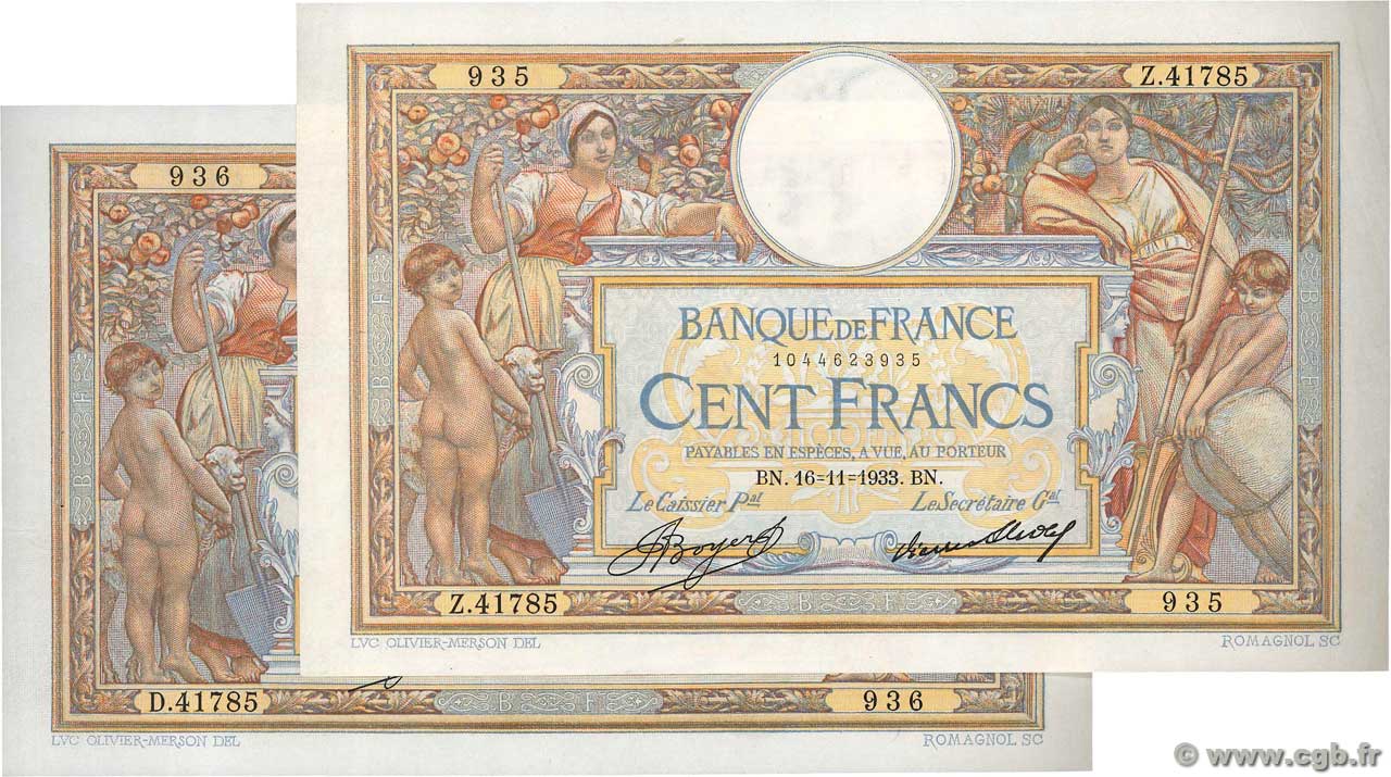 100 Francs LUC OLIVIER MERSON grands cartouches Consécutifs FRANCIA  1933 F.24.12 EBC+
