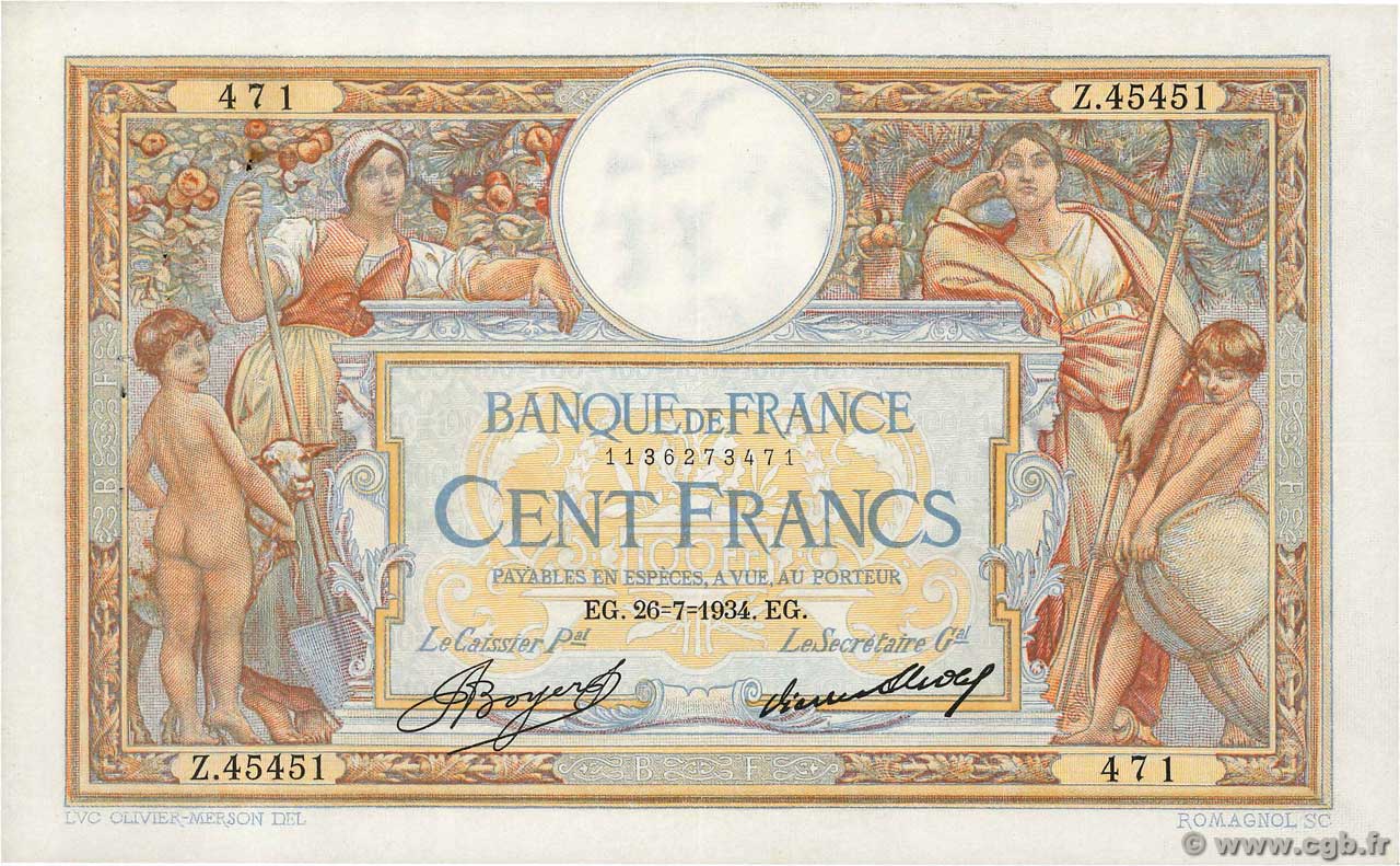 100 Francs LUC OLIVIER MERSON grands cartouches FRANCE  1934 F.24.13 TTB