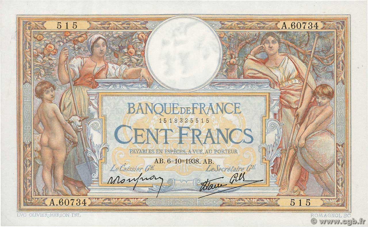 100 Francs LUC OLIVIER MERSON type modifié FRANCIA  1938 F.25.30 EBC+