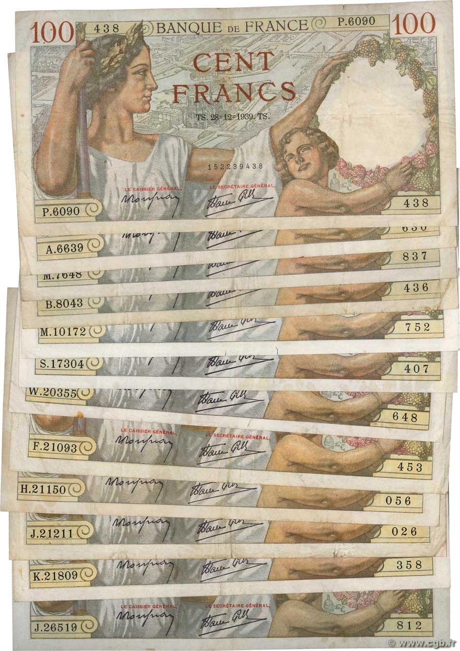 100 Francs SULLY Lot FRANCIA  1939 F.26.lot BC+