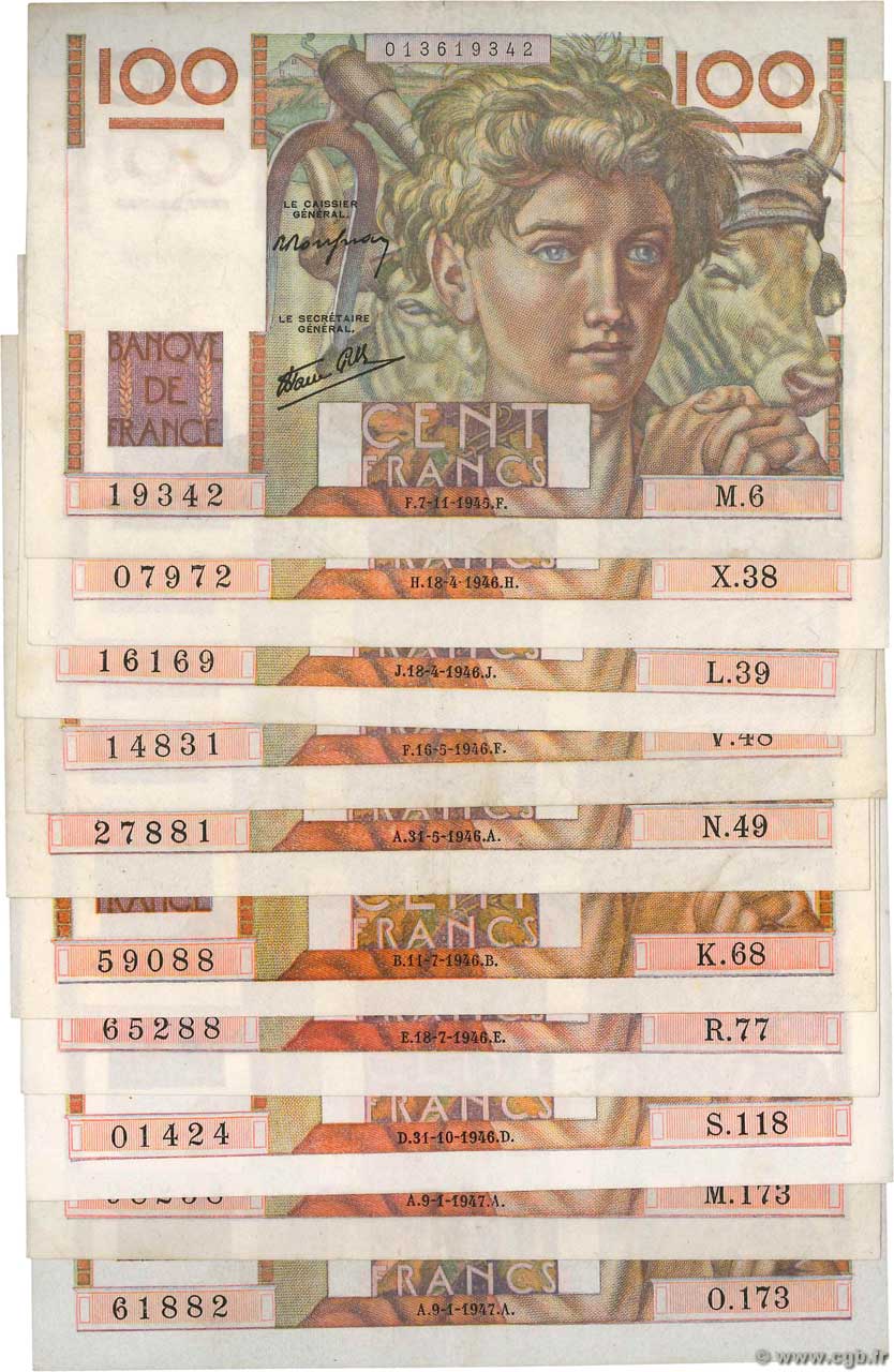 100 Francs JEUNE PAYSAN Lot FRANCE  1945 F.28.lot VF+