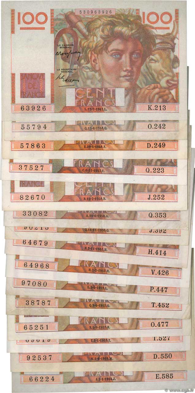 100 Francs JEUNE PAYSAN Lot FRANCIA  1947 F.28.lot MBC