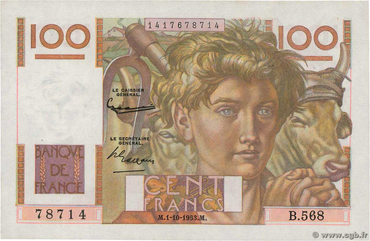 100 Francs JEUNE PAYSAN FRANCIA  1953 F.28.39 SPL
