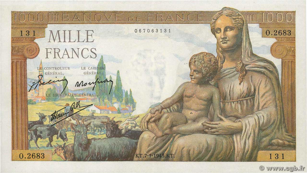 1000 Francs DÉESSE DÉMÉTER FRANCE  1943 F.40.15 SPL