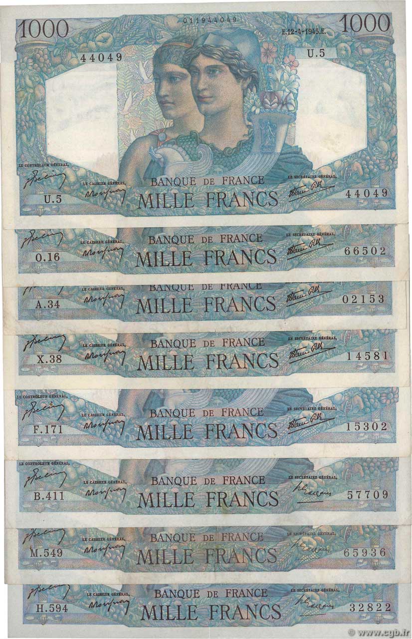 1000 Francs MINERVE ET HERCULE Lot FRANCIA  1945 F.41.lot BB