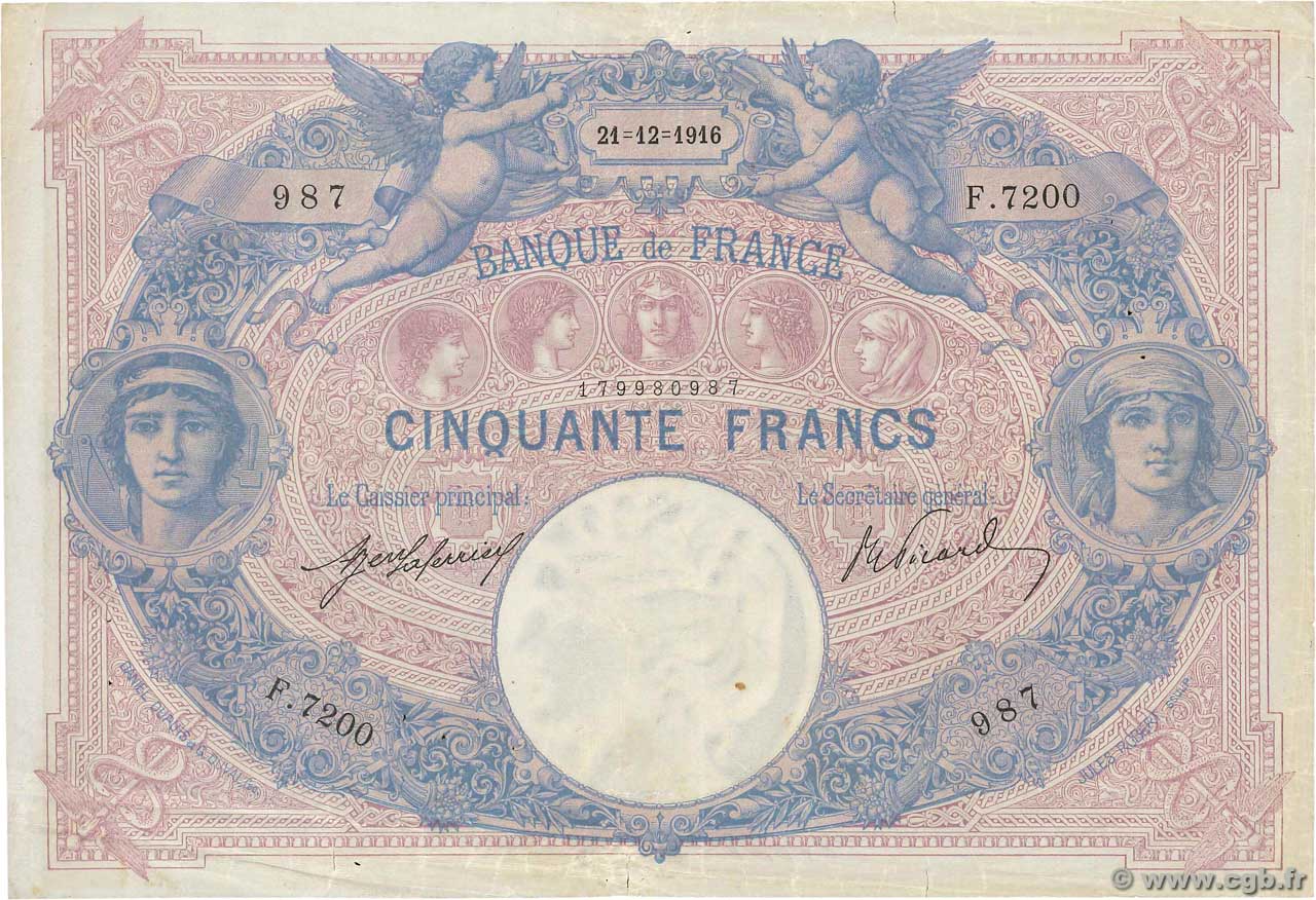 50 Francs BLEU ET ROSE FRANCIA  1916 F.14.29 q.BB