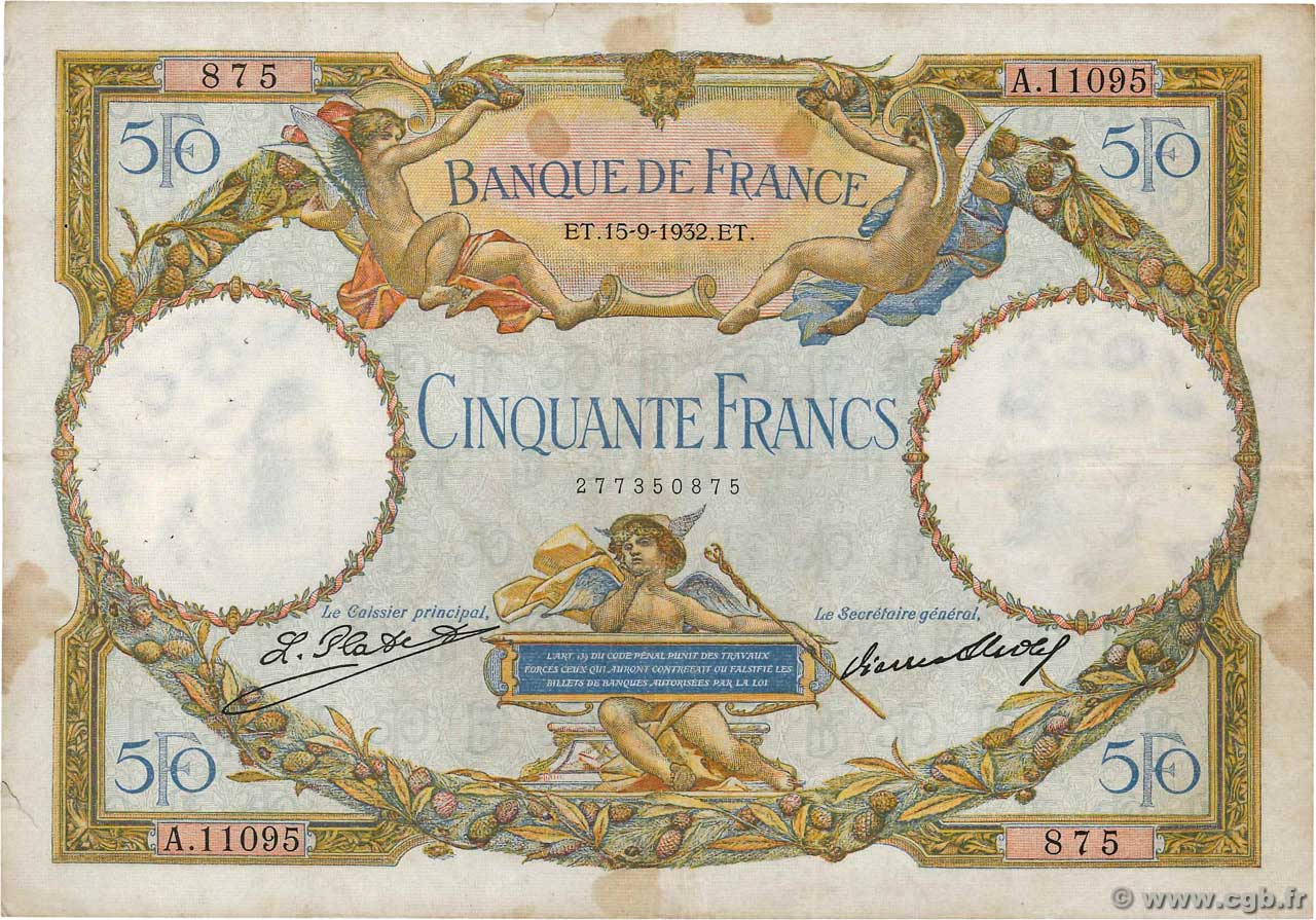 50 Francs LUC OLIVIER MERSON type modifié FRANCIA  1932 F.16.03 BC