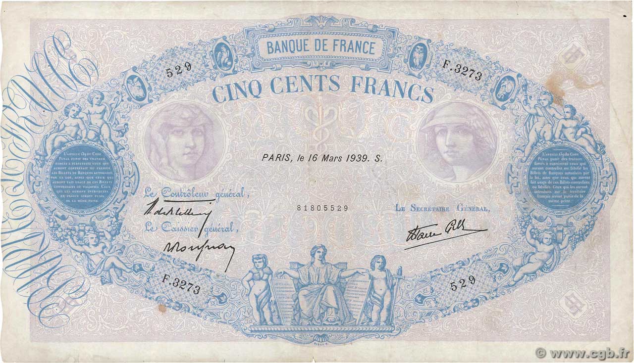 500 Francs BLEU ET ROSE modifié FRANCIA  1939 F.31.27 q.BB