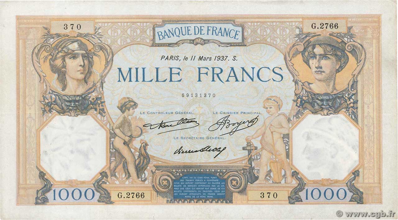 1000 Francs CÉRÈS ET MERCURE FRANCIA  1937 F.37.10 BB