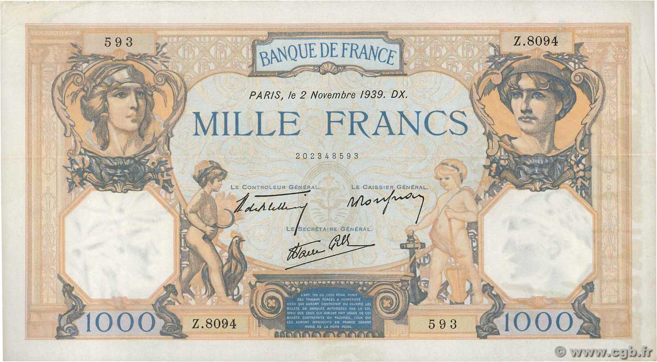 1000 Francs CÉRÈS ET MERCURE type modifié FRANCIA  1939 F.38.38 q.SPL