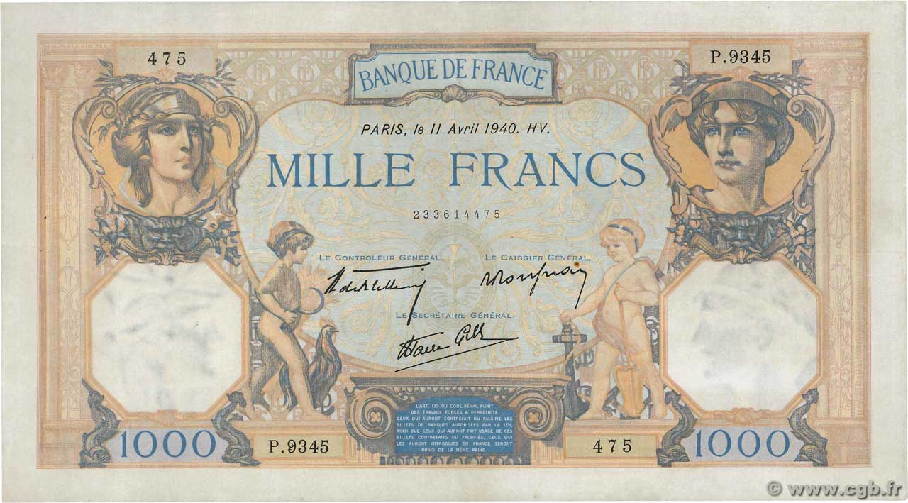 1000 Francs CÉRÈS ET MERCURE type modifié FRANCE  1940 F.38.45 pr.SUP
