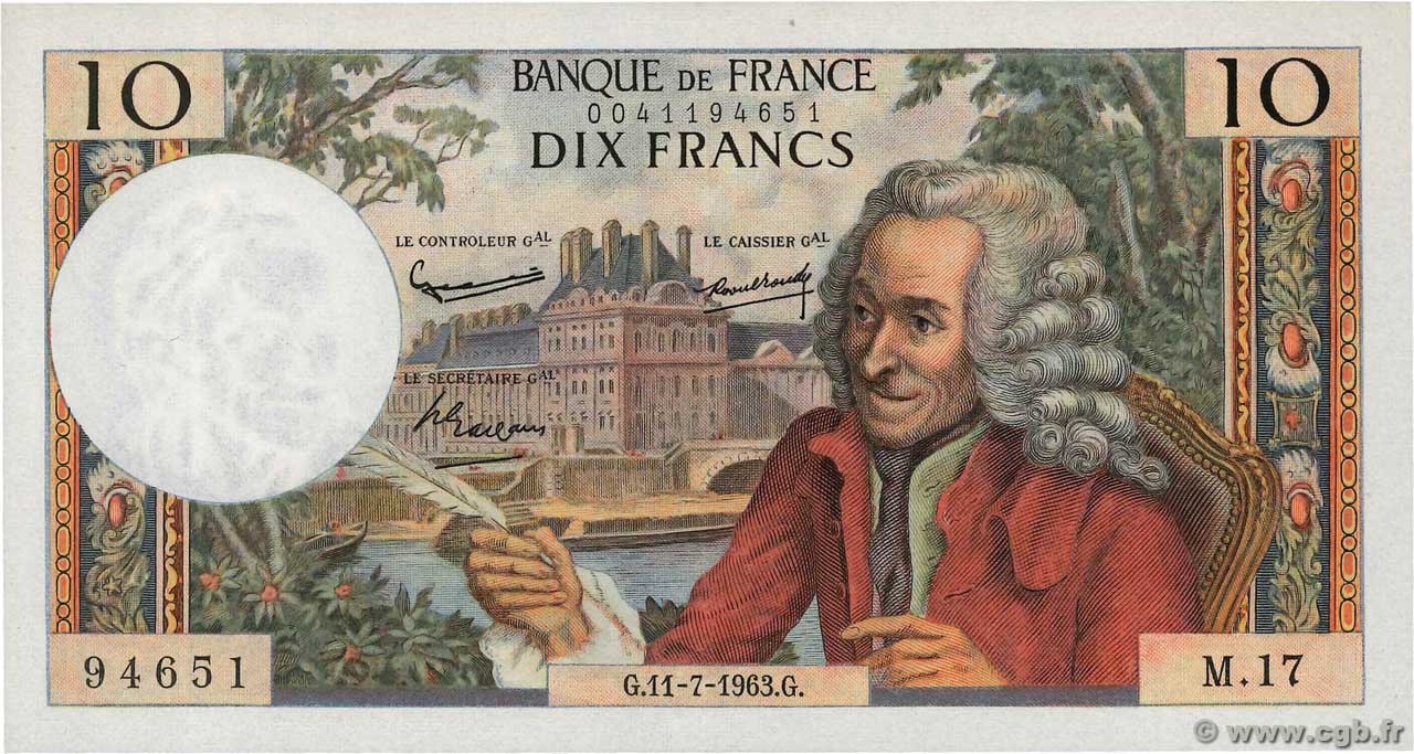 10 Francs VOLTAIRE FRANKREICH  1963 F.62.03 VZ+