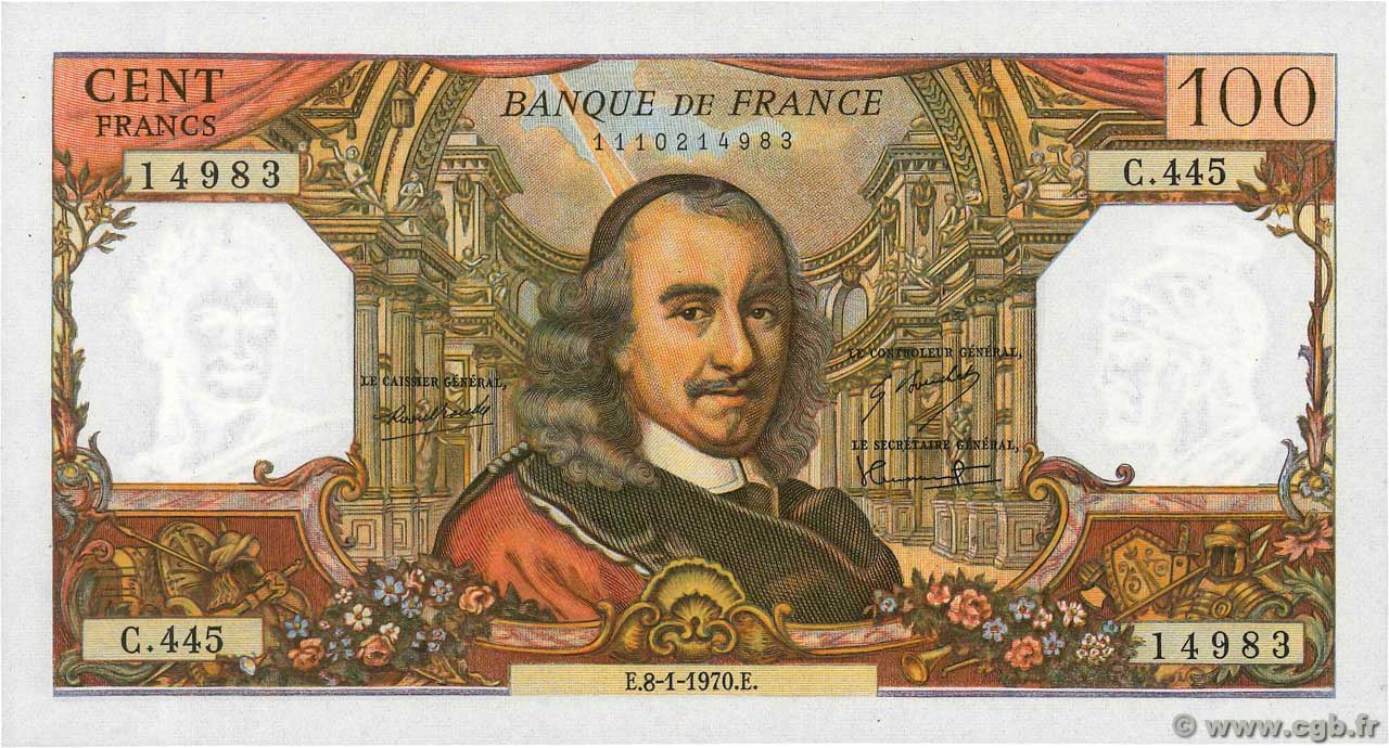 100 Francs CORNEILLE FRANCIA  1970 F.65.29 SPL