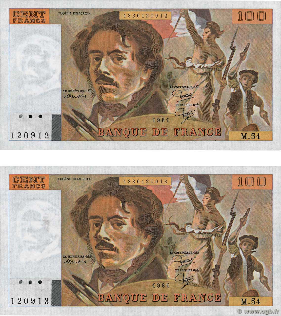 100 Francs DELACROIX modifié Consécutifs FRANCE  1981 F.69.05 pr.SPL