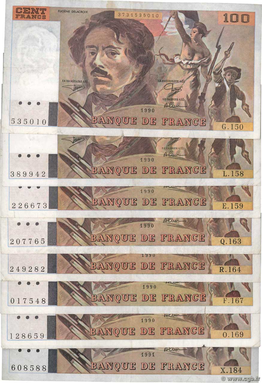 100 Francs DELACROIX imprimé en continu Lot FRANCE  1990 F.69bis.02-03 VF