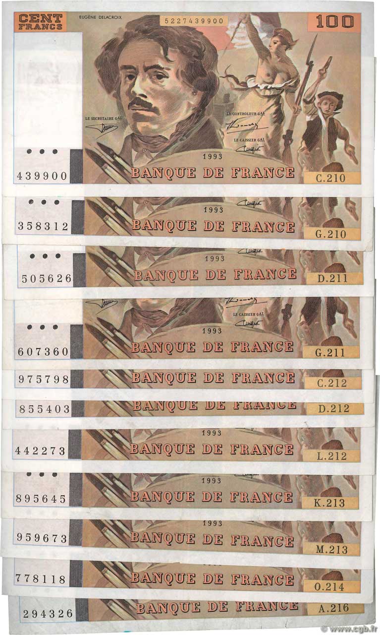 100 Francs DELACROIX imprimé en continu Lot FRANCIA  1993 F.69bis.05 MBC+