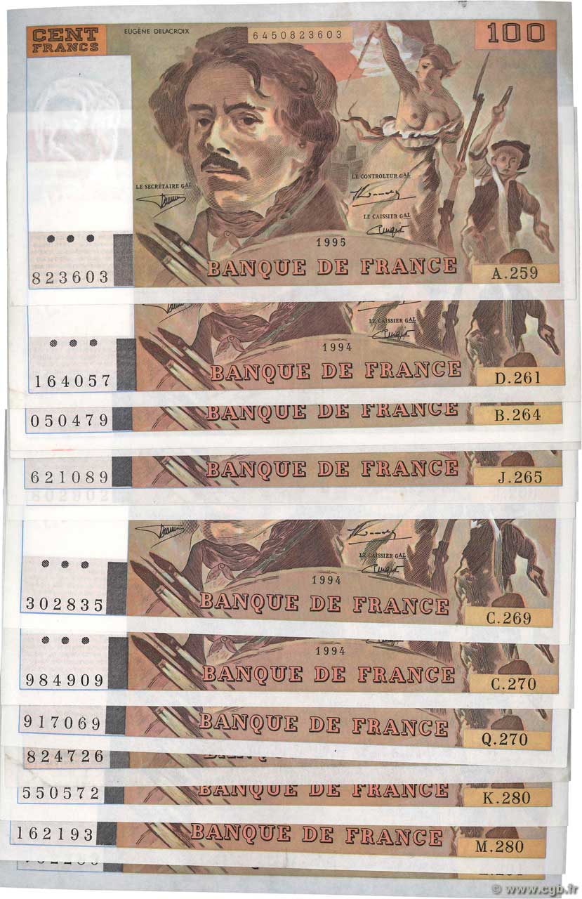 100 Francs DELACROIX 442-1 & 442-2 Lot FRANCE  1994 F.69ter.01-2 SUP