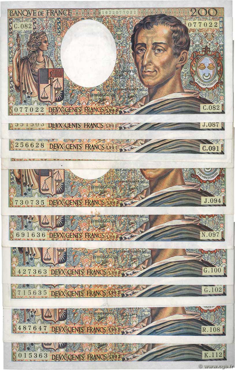 200 Francs MONTESQUIEU Lot FRANCIA  1990 F.70.10-11 MBC a EBC
