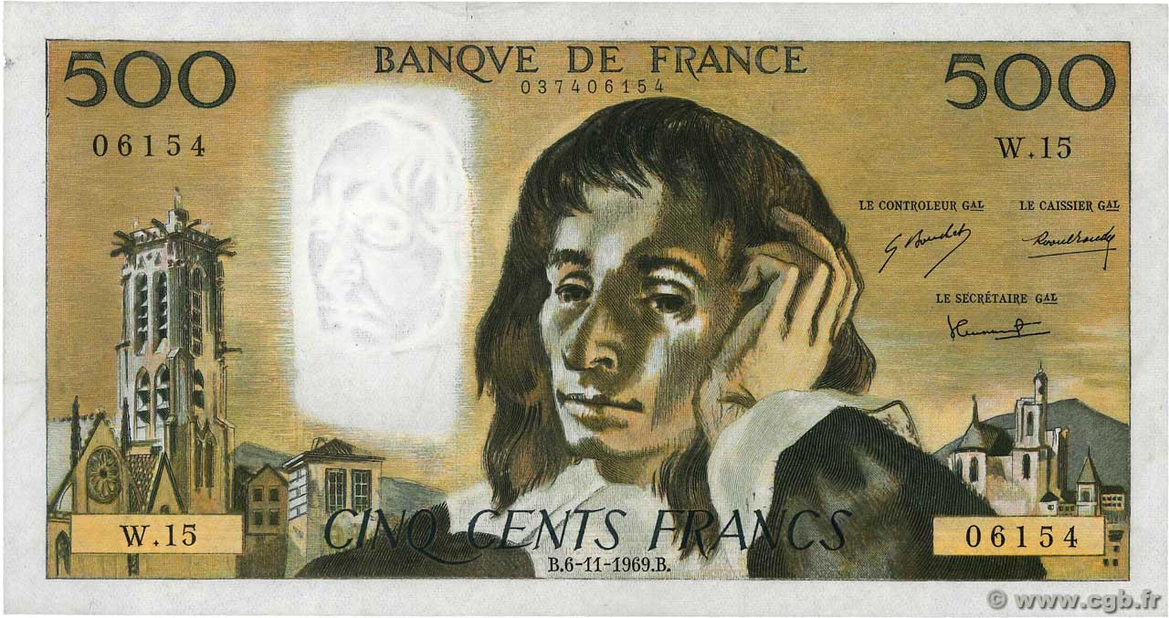500 Francs PASCAL FRANKREICH  1969 F.71.04 fVZ