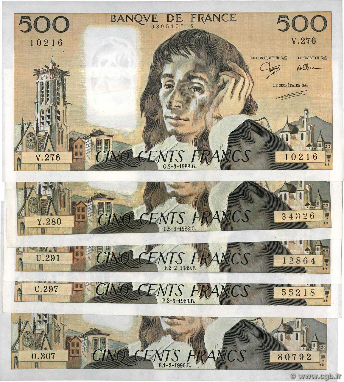 500 Francs PASCAL Lot FRANCIA  1988 F.71.38-43 SPL