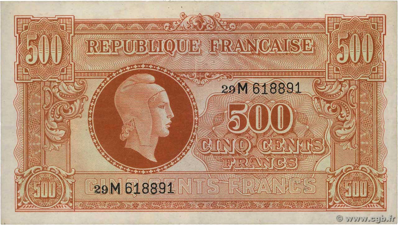 500 Francs MARIANNE fabrication anglaise FRANCIA  1945 VF.11.02 SPL