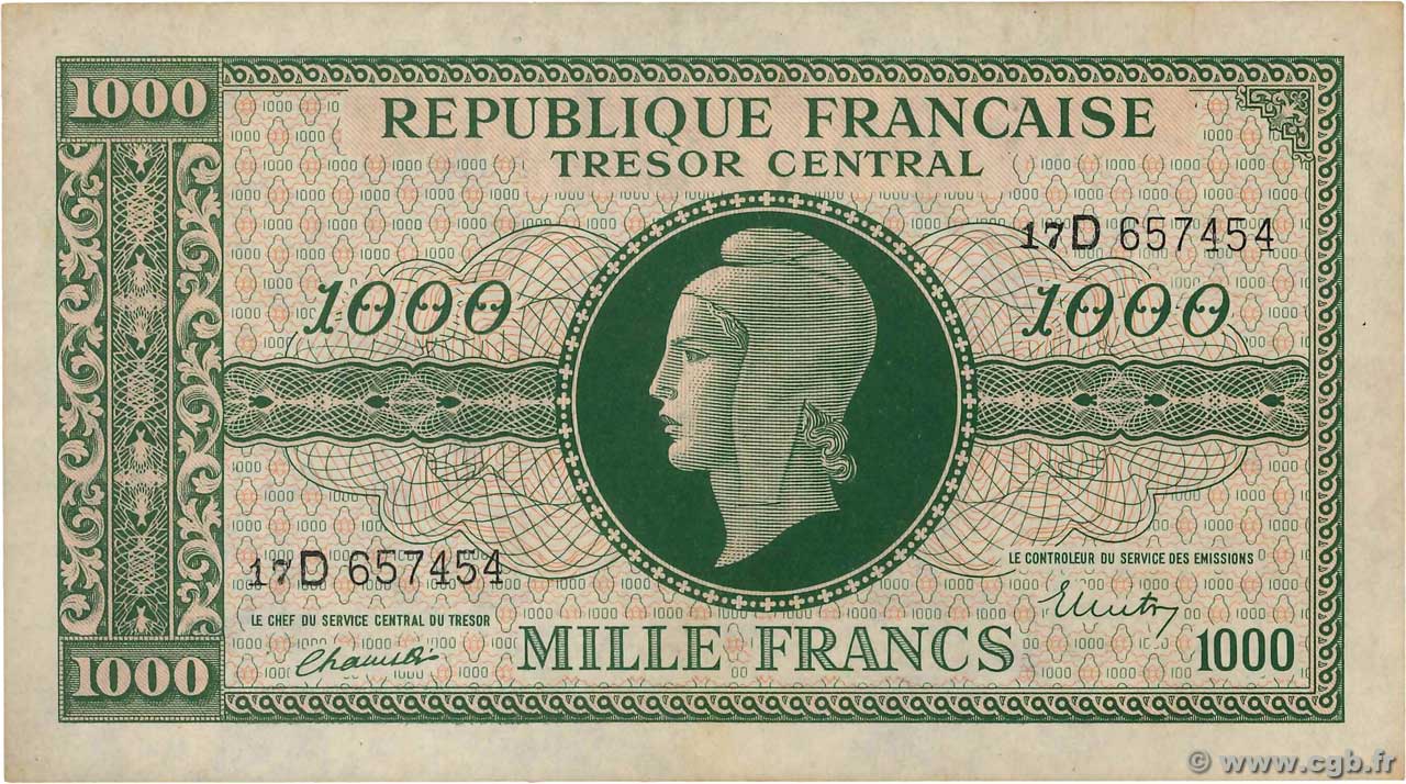 1000 Francs MARIANNE THOMAS DE LA RUE FRANCE  1945 VF.13.01 AU
