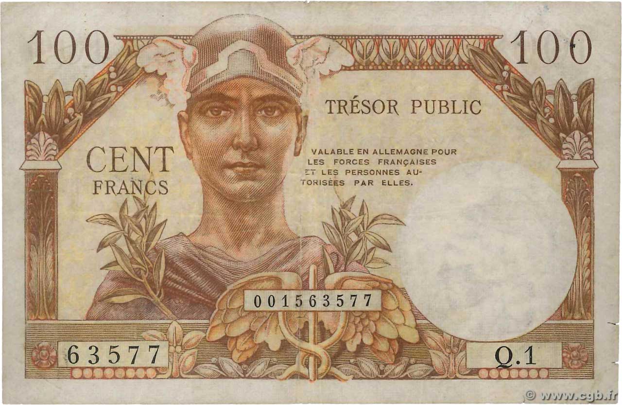 100 Francs TRÉSOR PUBLIC FRANCE  1955 VF.34.01 TB