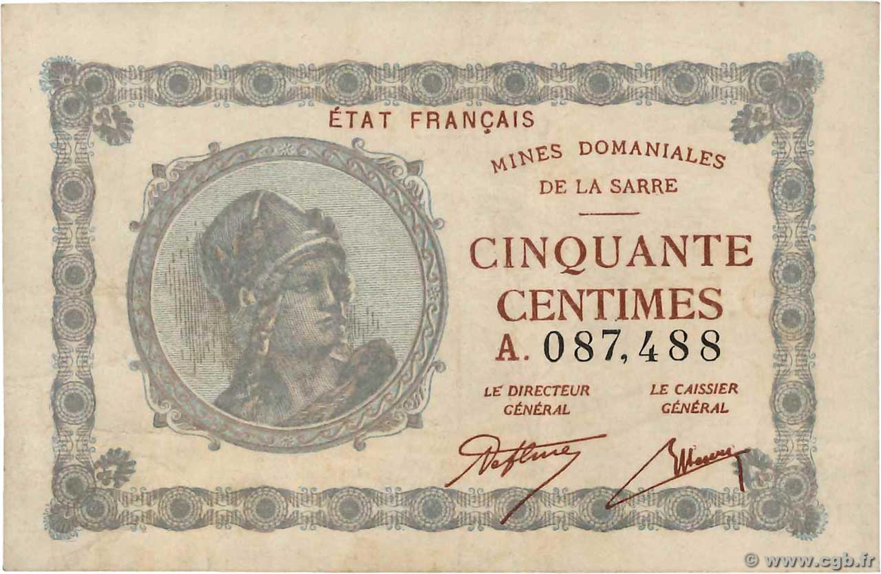 50 Centimes MINES DOMANIALES DE LA SARRE FRANCE  1919 VF.50.01 VF