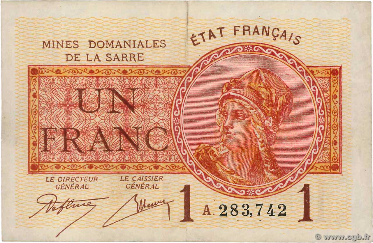 1 Franc MINES DOMANIALES DE LA SARRE FRANCIA  1919 VF.51.01 MBC