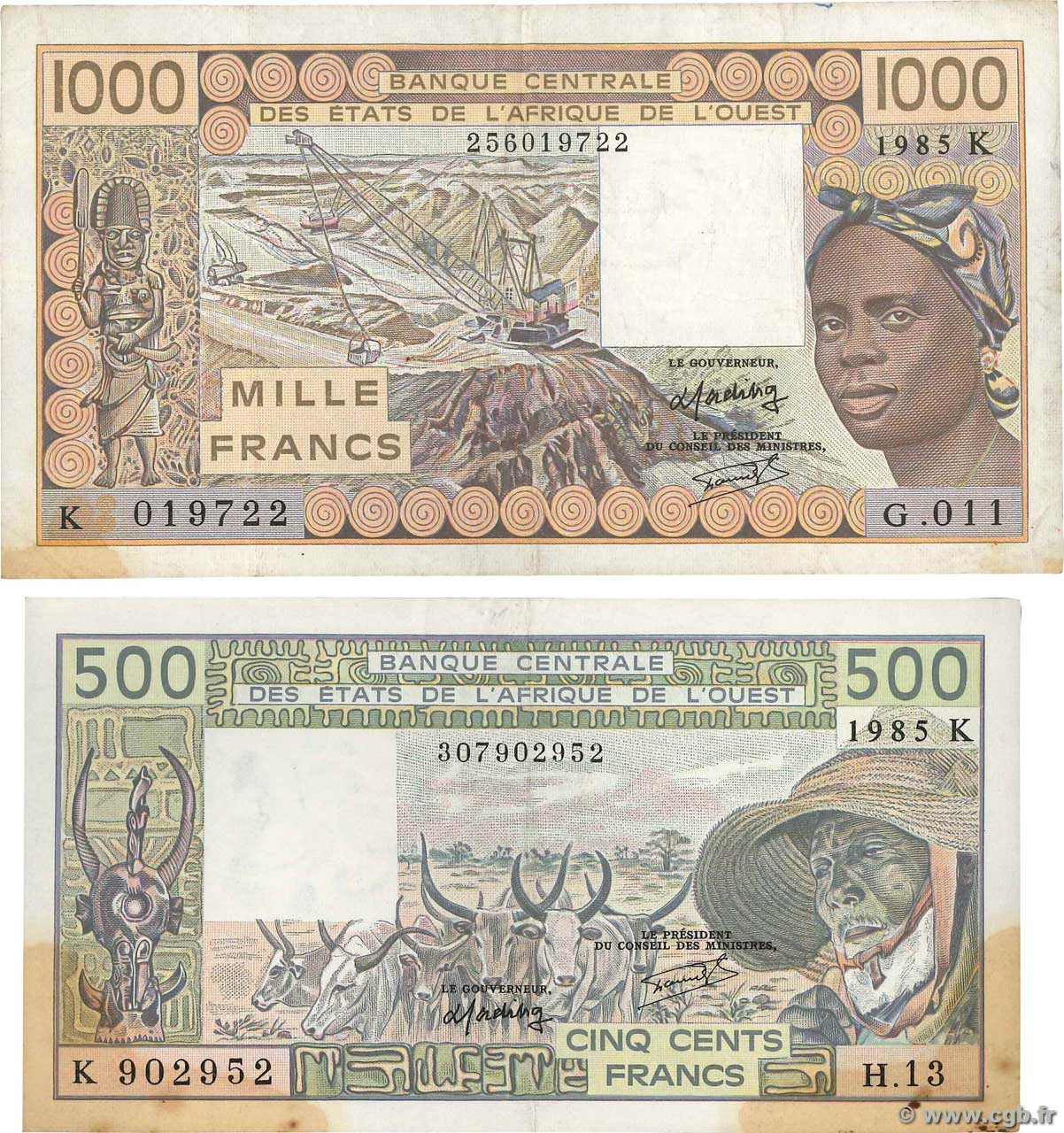 500 et 1000 Francs ÉTATS DE L AFRIQUE DE L OUEST  1985 P.706Kh et P.707Kf TB+