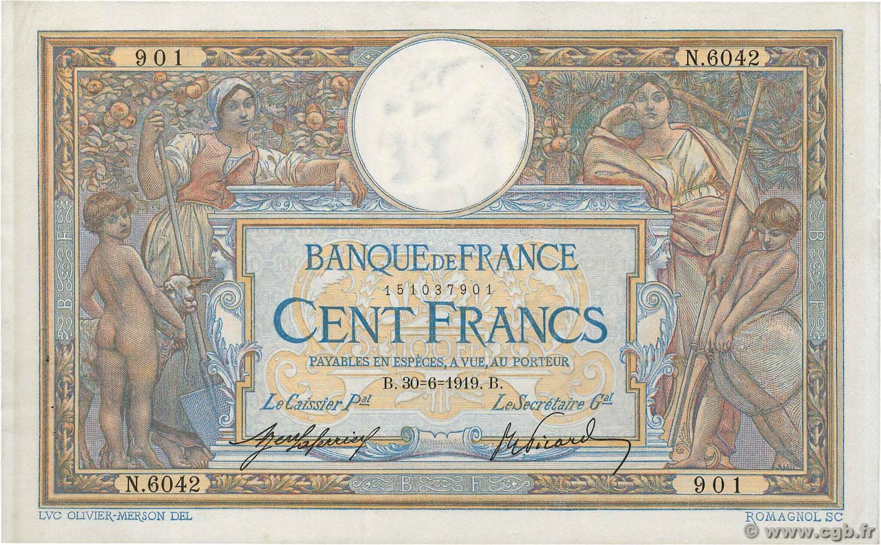 100 Francs LUC OLIVIER MERSON sans LOM FRANCE  1919 F.23.11 pr.SPL