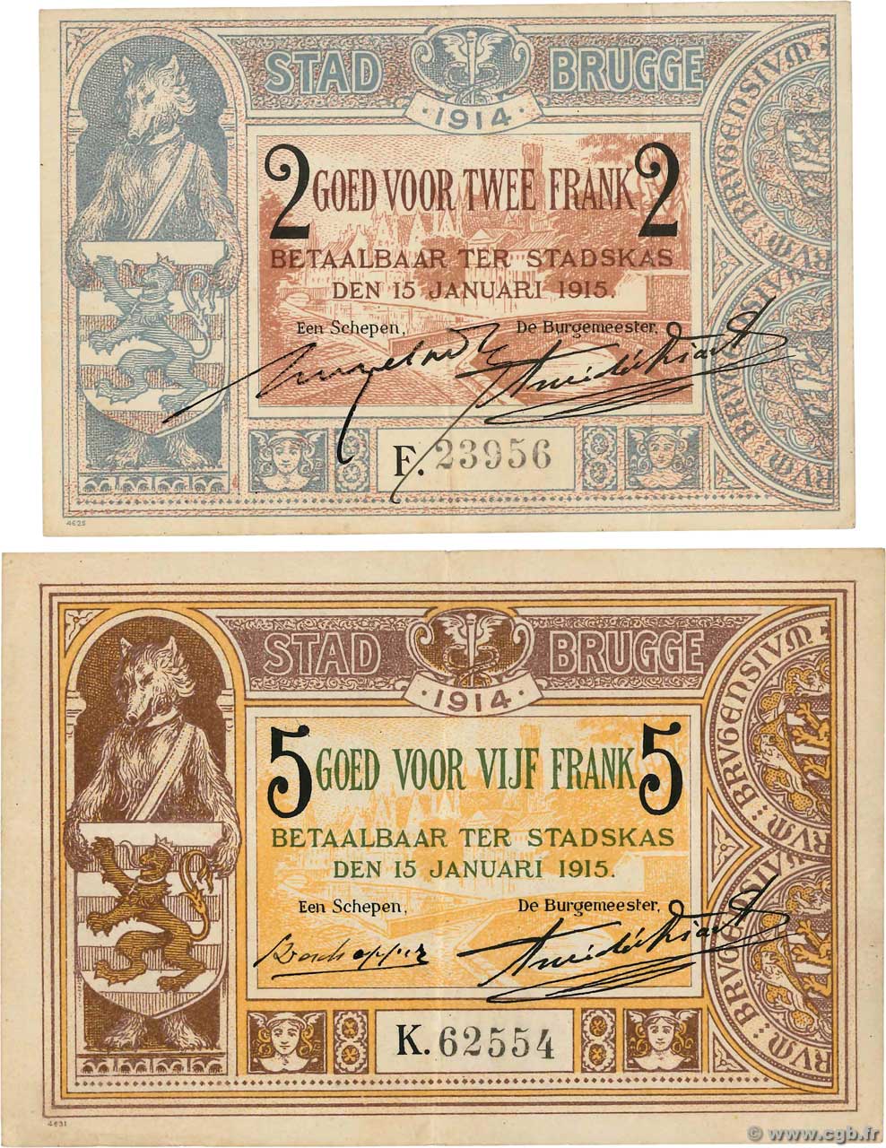 2 et 5 Francs Lot BELGIUM Brugge - Bruges 1914 P.- VF+