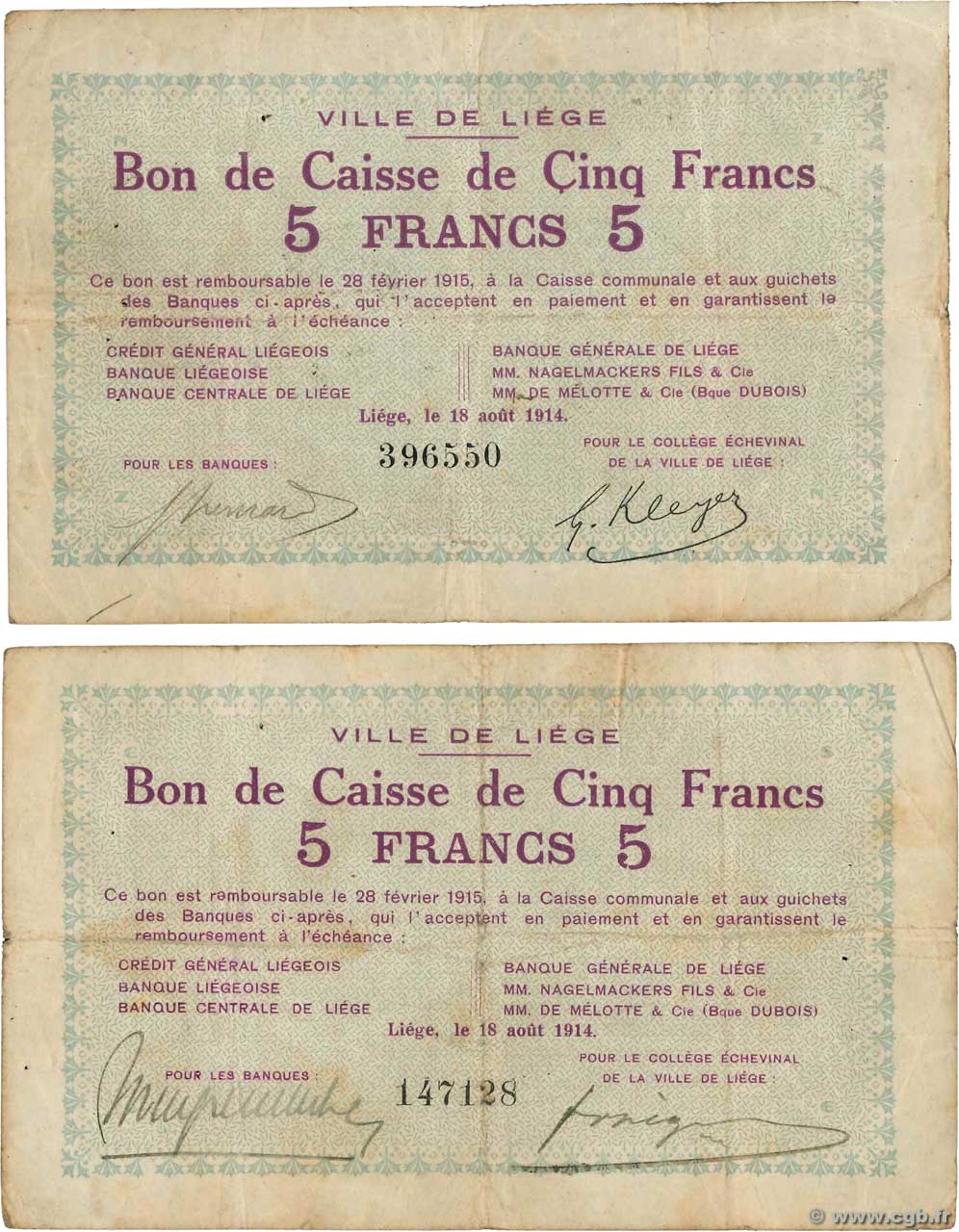 5 Francs Lot BELGIO Liège 1914 P.- MB